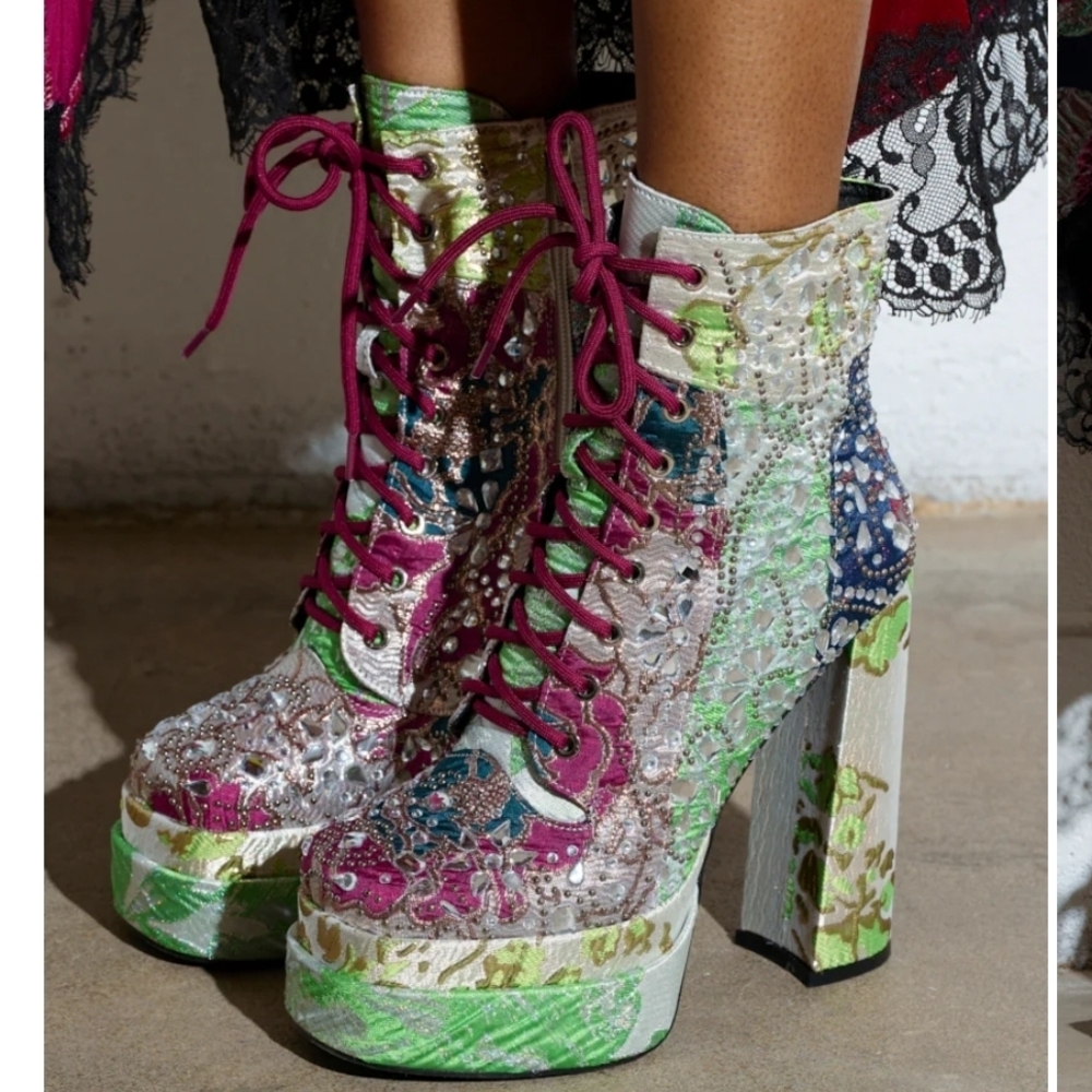 Colorful Lace-Up Embroidered Boots